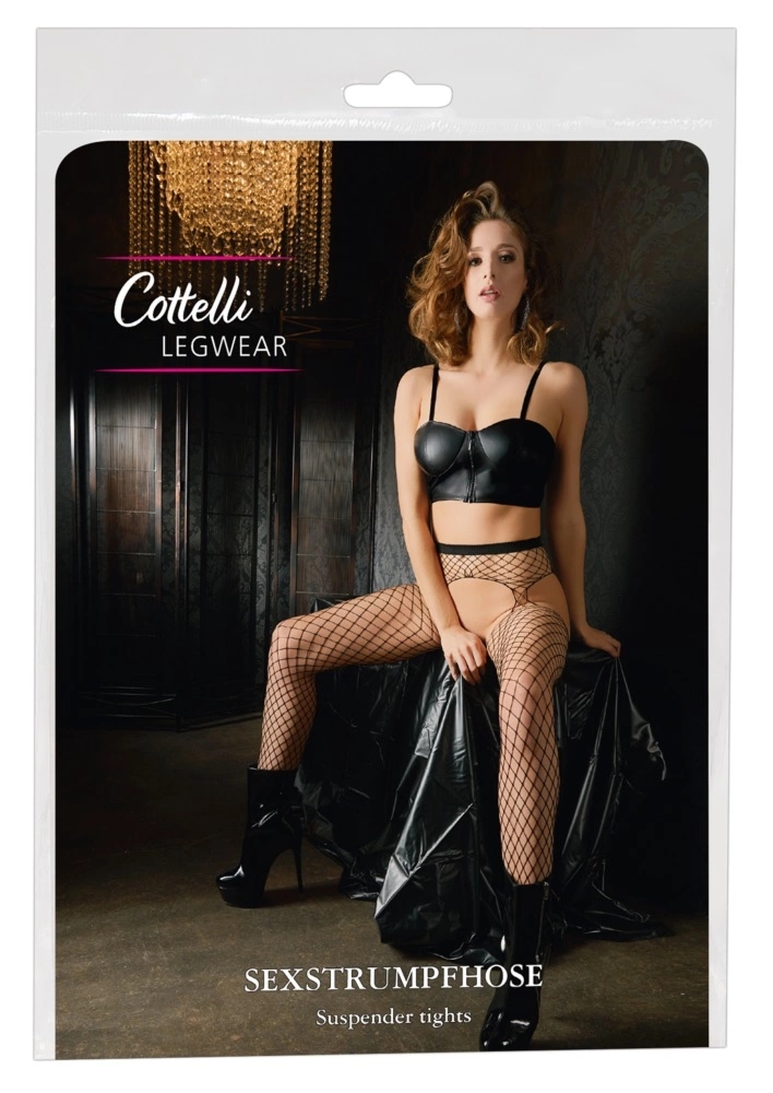 Cottelli Legwear siateczkowe rajstopy z pasem do pończoch S-L, boczne wycięcia, bez kroku