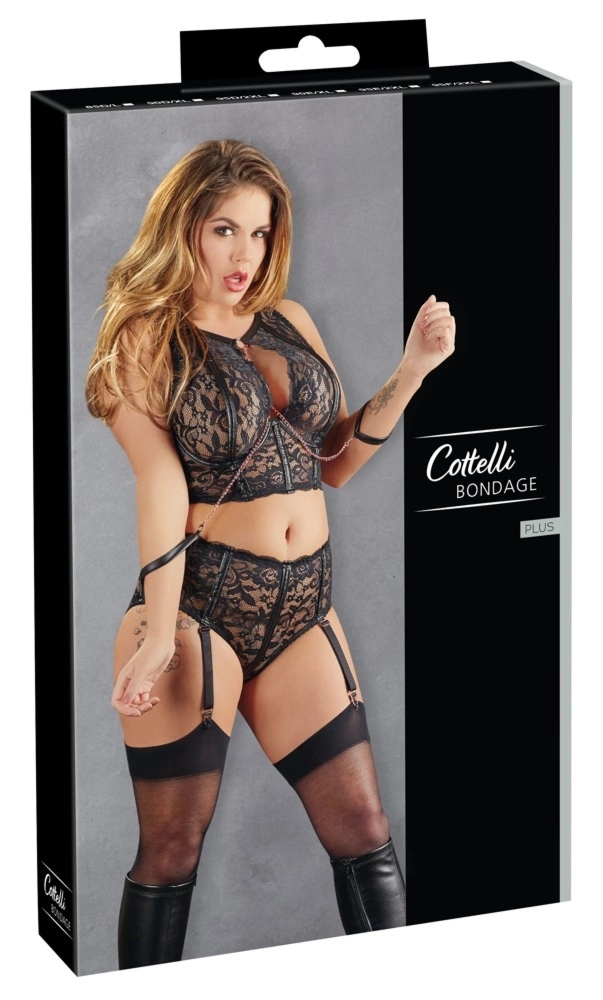 Cottelli Collection zestaw koronkowy Bondage 95D/2XL z kajdankami i szelkami, różowe złoto