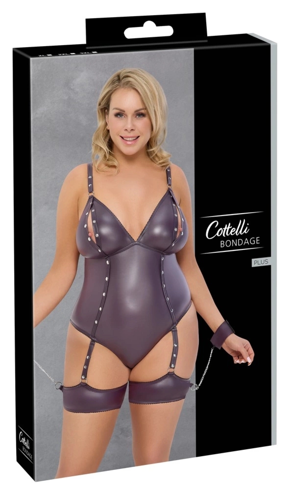 Cottelli Collection Bodysuit Fioletowy Matowy 2XL z Kajdankami, Mankietami i Regulowanymi Paskami
