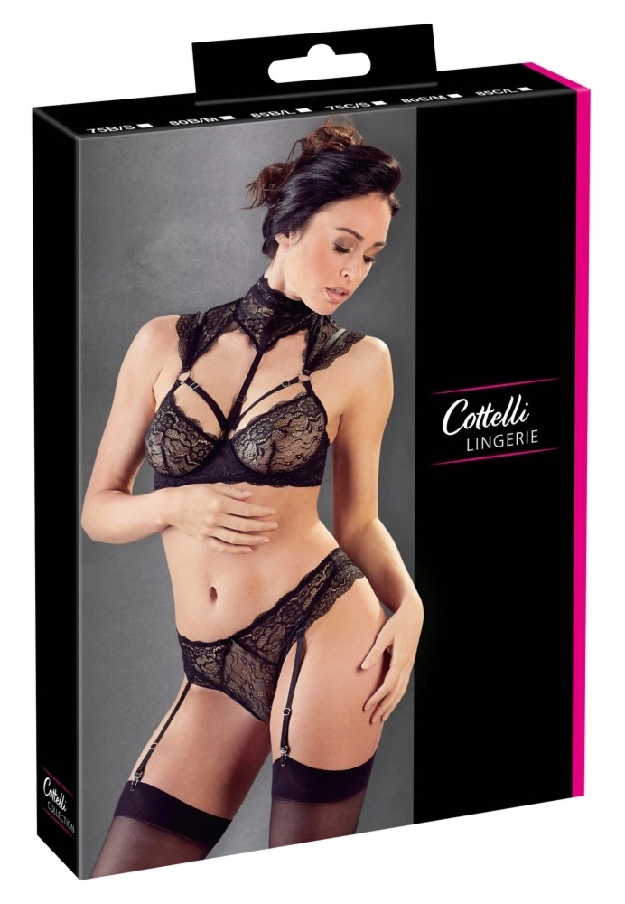 Cottelli Lingerie komplet koronkowy biustonosz z kołnierzem i stringi 80B/M, regulowane szelki