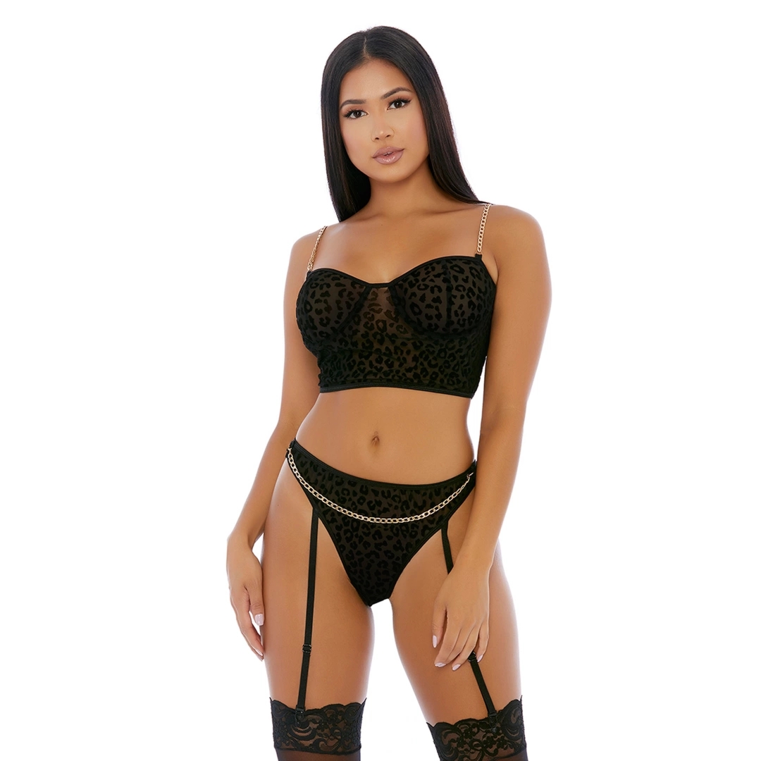 Forplay Chain Me Up Bustier XL dwuczęściowy komplet, siateczka gepard, złote łańcuszki