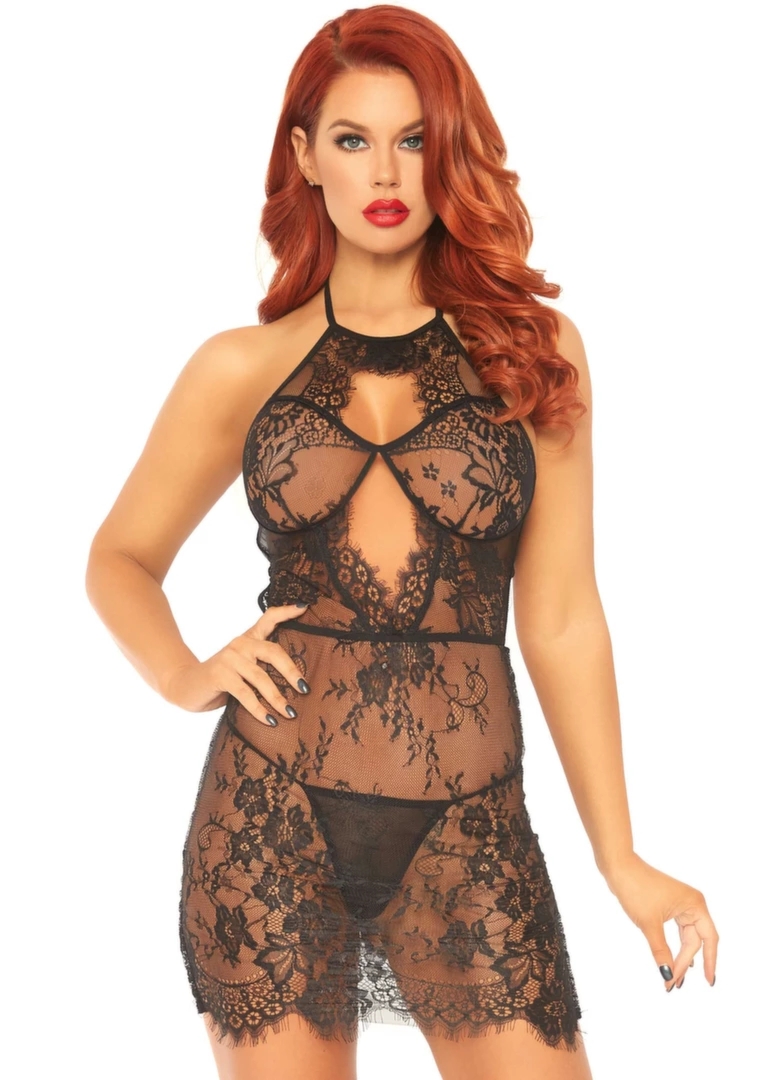 Dreamgirl Dress with Scalloped Lace and String – czarna sukienka z koronką i stringiem XL