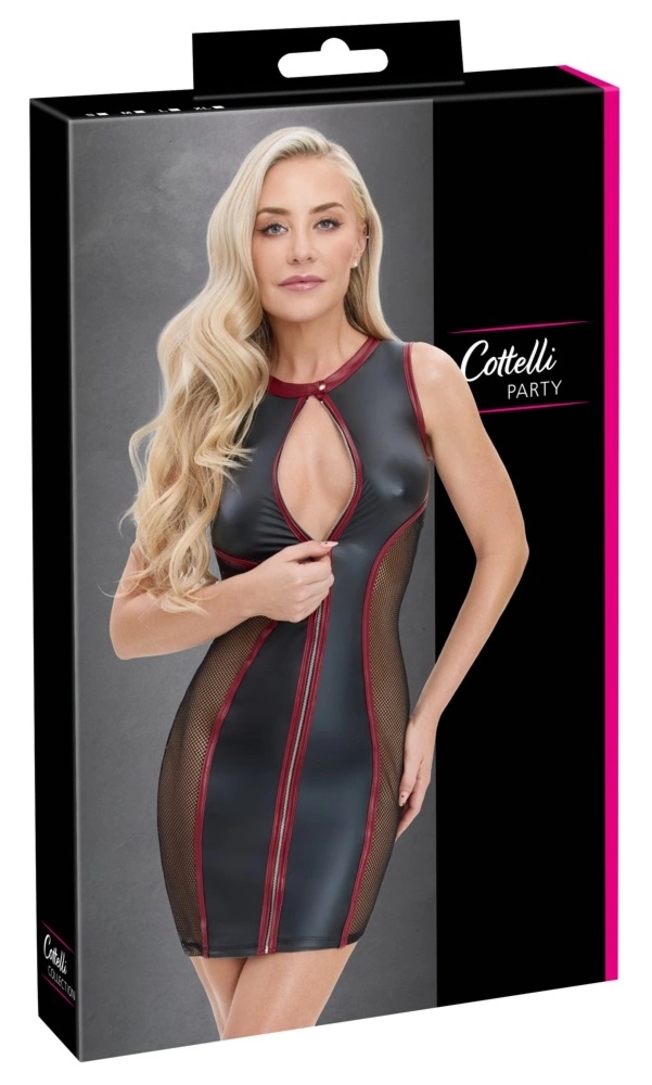 Cottelli PARTY Dress Net Insert M czarno-czerwony mini, matowe wykończenie, siateczka, zamek