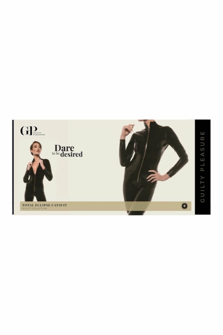 Guilty Pleasure Total Eclipse Catsuit Black M – kombinezon Datex, wysoki kołnierz, zamek z przodu