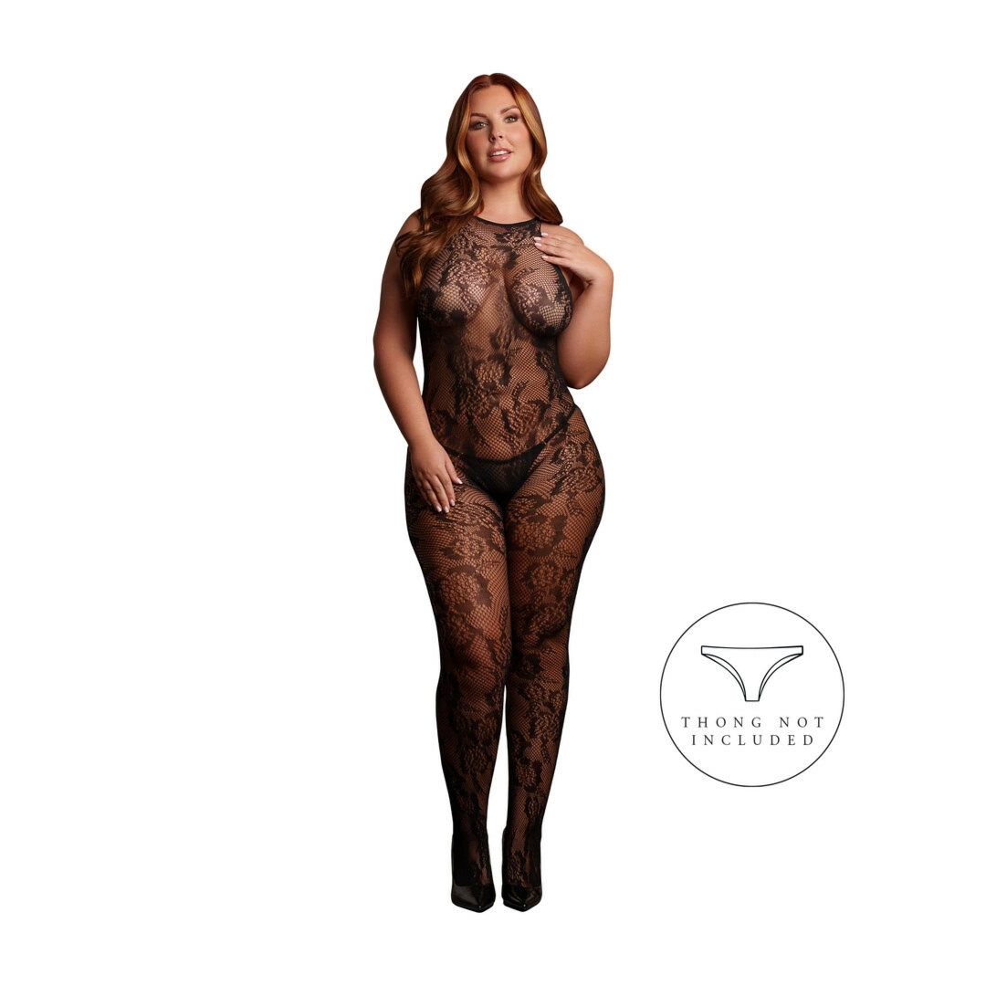 Le Desir Matilda Lace Bodystocking Queen Size czarny, koronka, wysoki kołnierz XXL-5XL