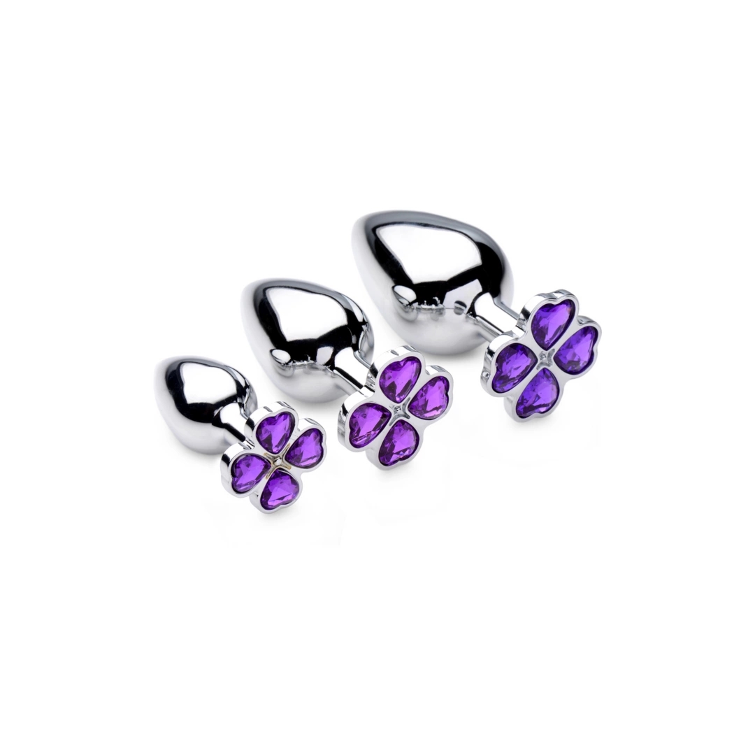 XR Brands Violet Flower zestaw 3 anatomicznych korków aluminiowych z fioletowym detalem