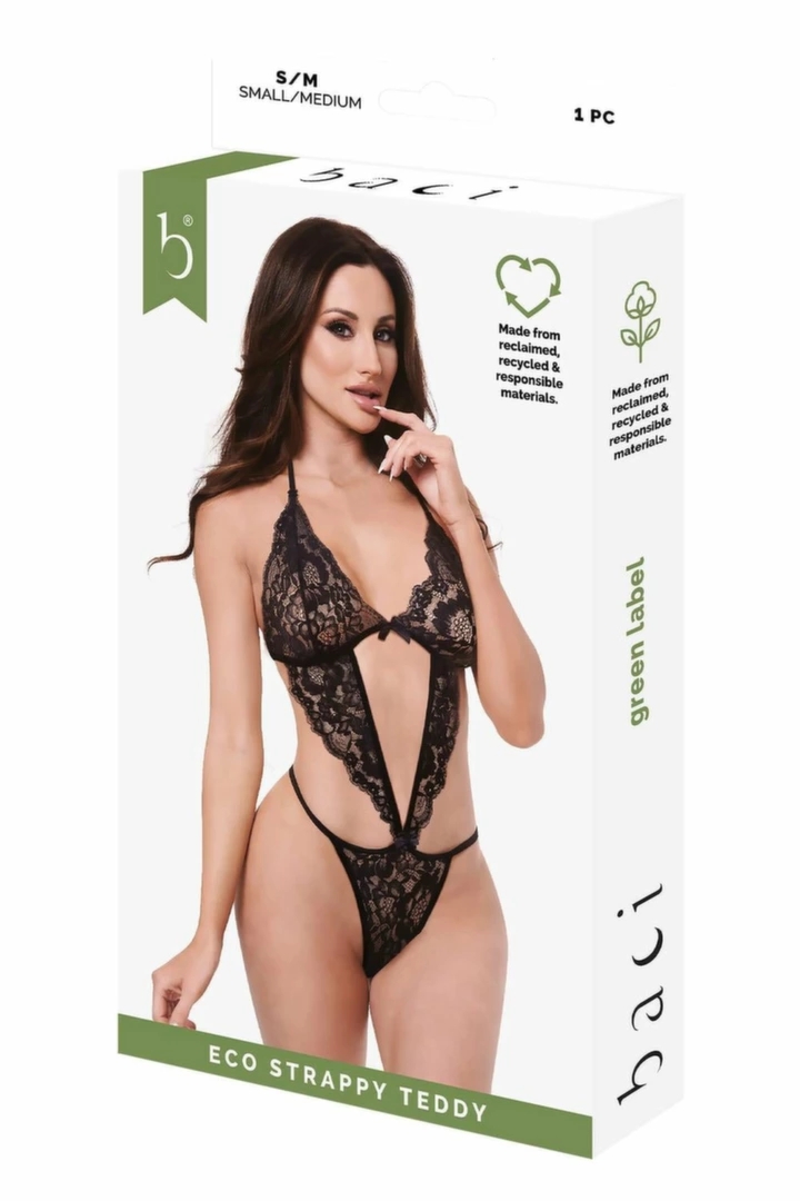 Baci Eco Strappy Teddy Black S/M – ekologiczne body z paskami, czarne, koronka i siateczka