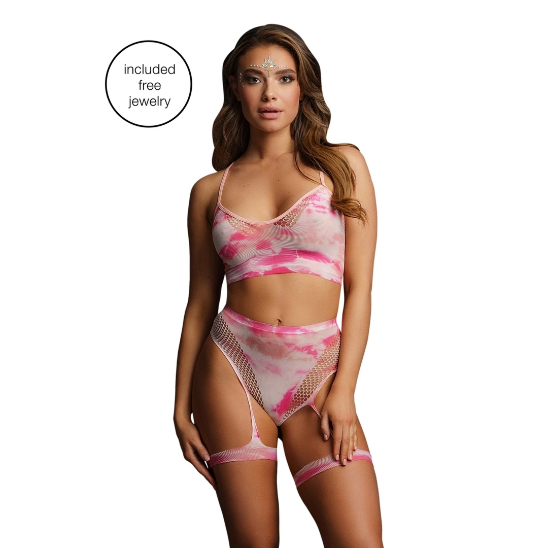 Le Desir Dazzling komplet bielizny z wysokim stanem i szelkami S-XL, czarny z ozdobą