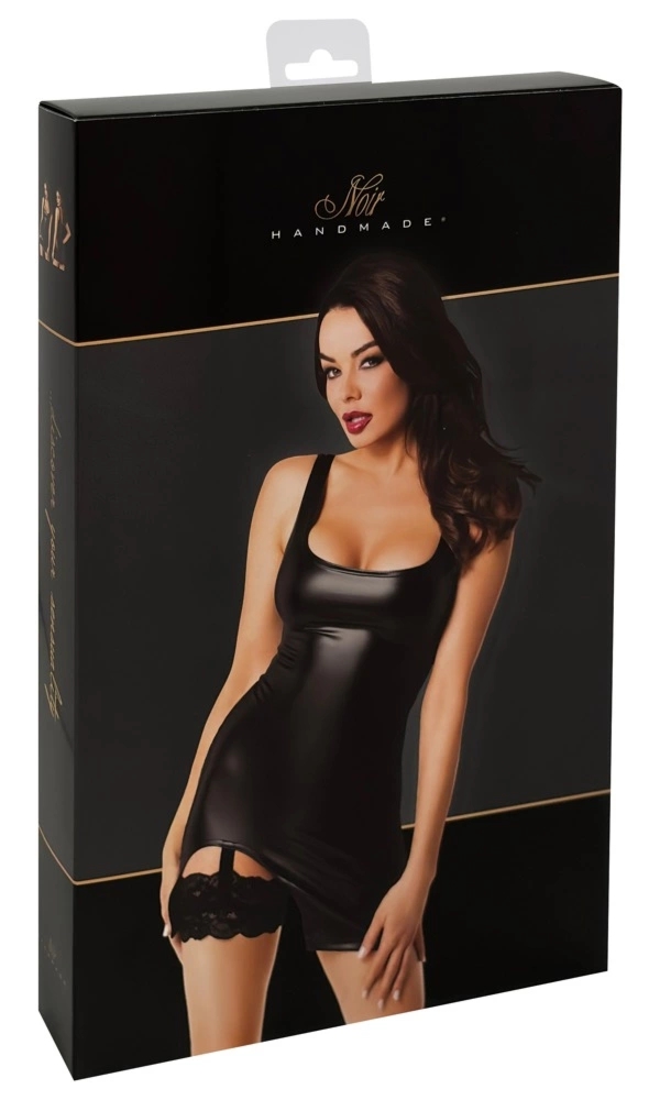 Noir Mini Sukienka Czarna XL na Ramiączkach z Koronkowym Paskiem do Pończoch