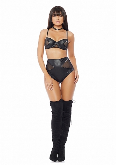 Forplay - Dwuczęściowy komplet bielizny nabijanej ćwiekami - Addiction Bra and Panty - Black