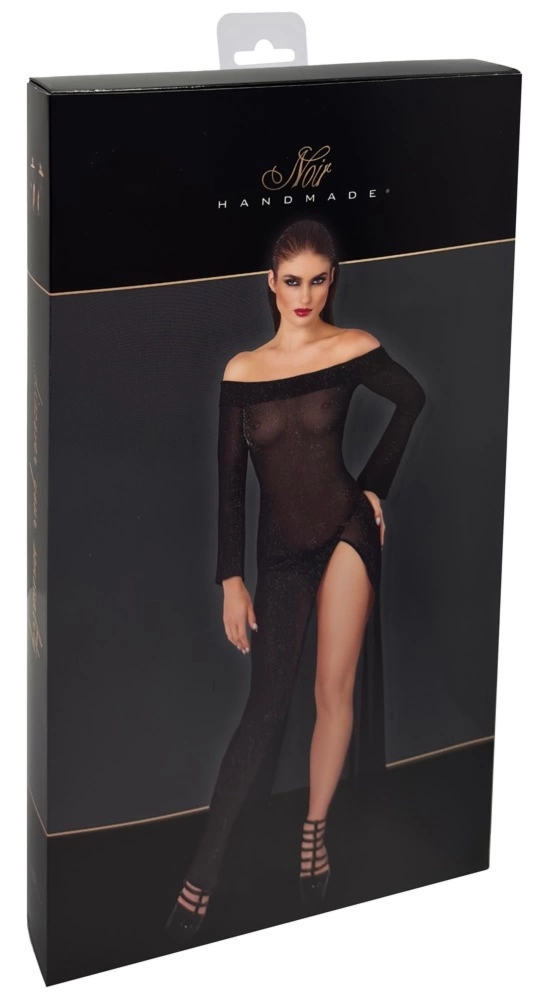 Noir Handmade Długa Sukienka S czarna, transparentna, brokat, dekolt Carmen