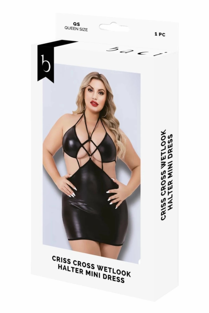 Baci CRISS CROSS WETLOOK Halter Mini Dress Black – sukienka mini, czarny połysk, S/M, krzyżujące paski