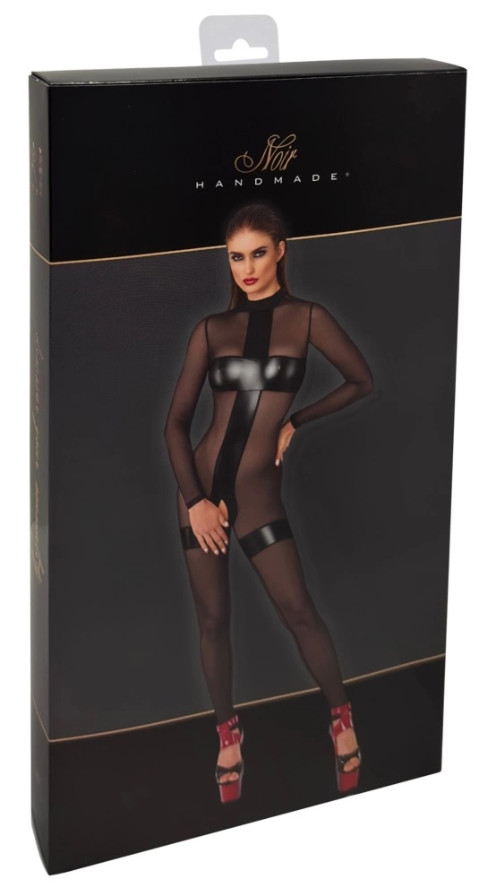 Noir Handmade Jumpsuit S Czarny Transparentny z wstawkami powerwetlook i otwartym krokiem