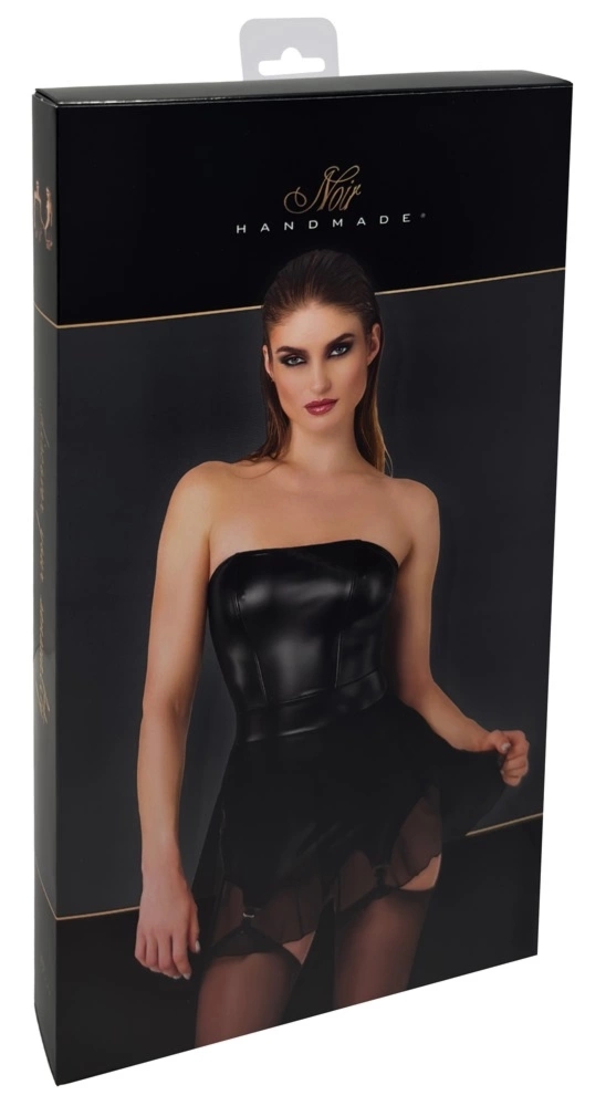 Noir Handmade Sukienka Mini XL czarna, powerwetlook, szelki, tiulowa spodnica