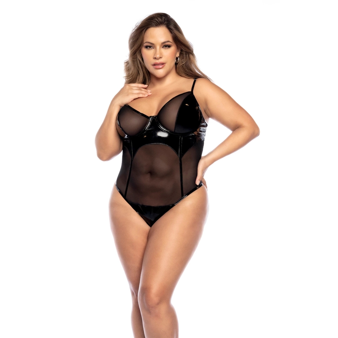 Mapale Bodysuit 3/4X Wet Black elegancki model winylowy plus size, siateczka, fiszbiny