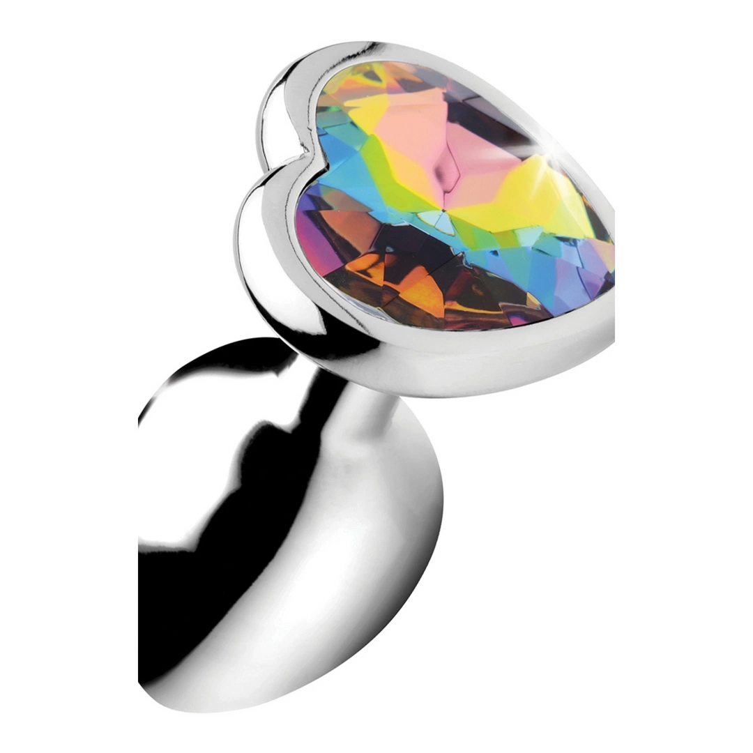 XR Brands Rainbow Prism Gem – aluminiowy korek z tęczowym sercem, mały rozmiar