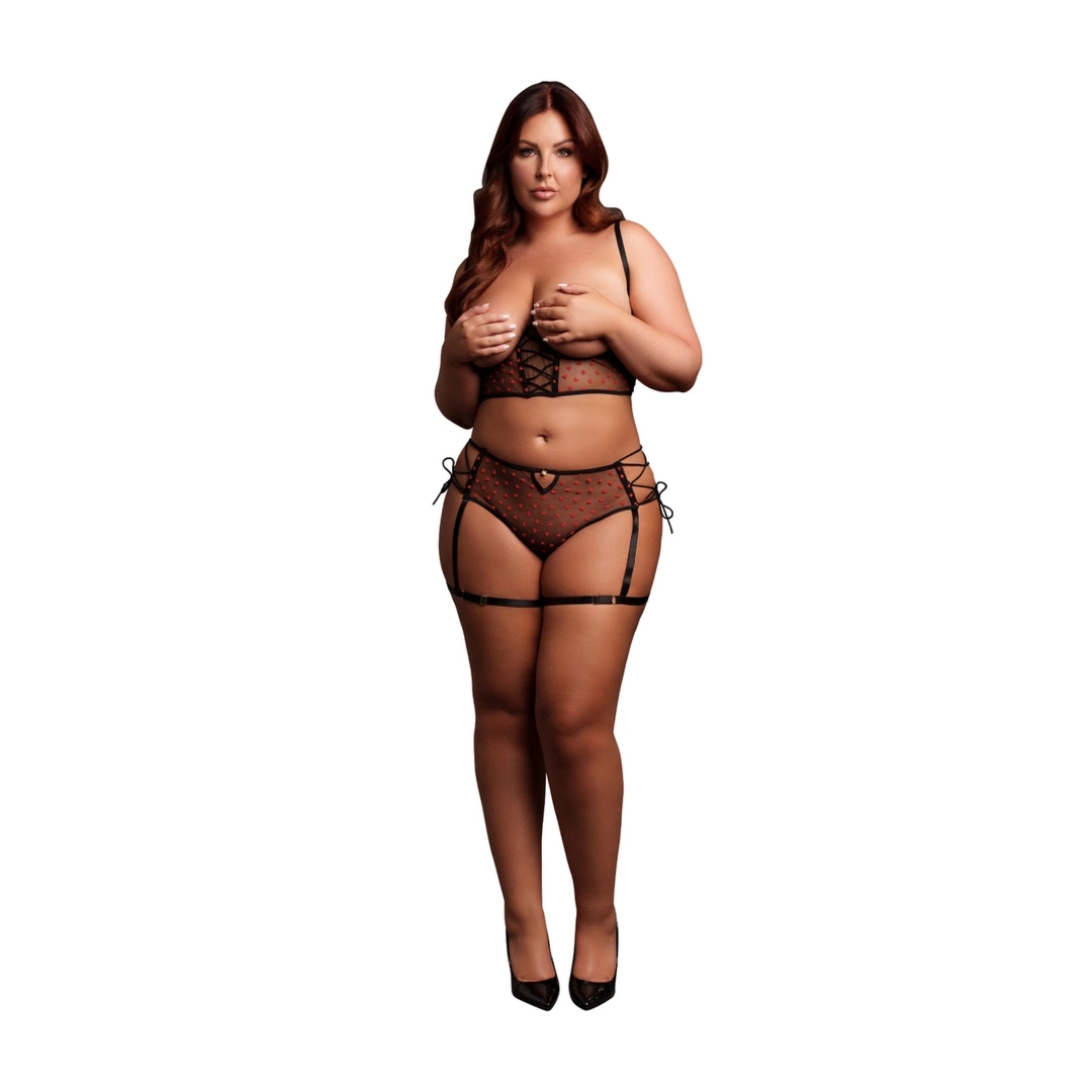 Le Désir 2-częściowy komplet czarny plus size, fiszbiny, wiązania, czerwone akcenty Queen Size