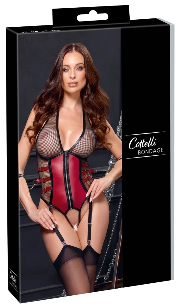 Cottelli Body Bondage S – czarno-czerwony body z pasami, siateczką i opaskami na ręce