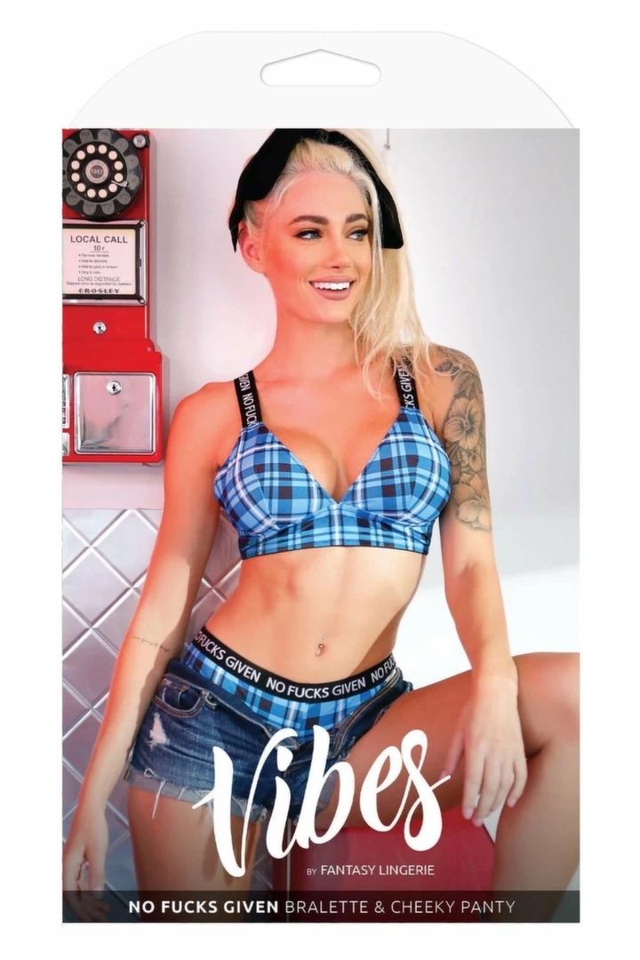 NO FUCKS GIVEN Bralette & Cheeky Panty Blue M/L – komplet w kratę, mikrofibra, regulacja