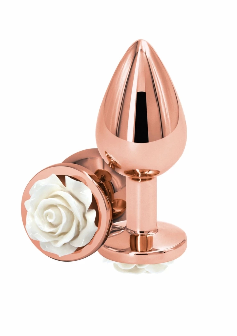 Rose Buttplug Medium aluminiowy chromowany z dekoracyjną różą i anatomicznym kształtem M