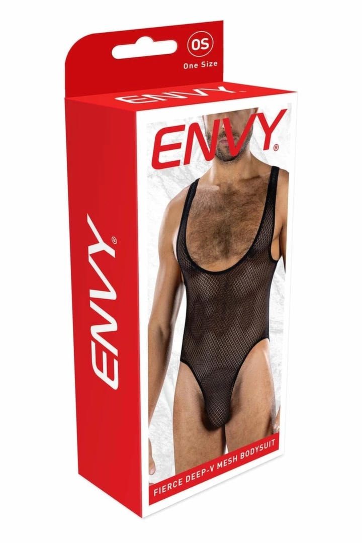 ENVY Fierce Deep V Mesh Bodysuit Black OS – siateczkowy body męski, głęboki dekolt V, czarny
