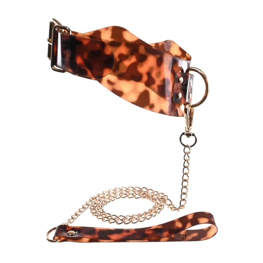 Sportsheets Amber Collar & Leash – regulowana obroża z bursztynową smyczą, pozłacane detale