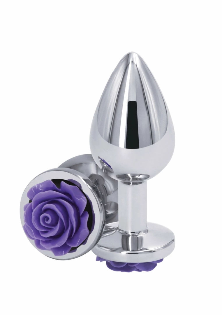 Rose Buttplug Medium aluminiowy chromowany model z dekoracyjnym elementem róży rozmiar M