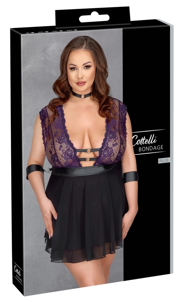 Cottelli Bondage Plus Babydoll 3XL Fioletowa Koronka z Czarną Spódnicą i Mankietami