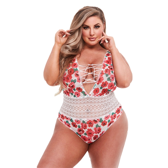 Zmysłowe body w kwiaty - White Floral & Lace Teddy Queen Size