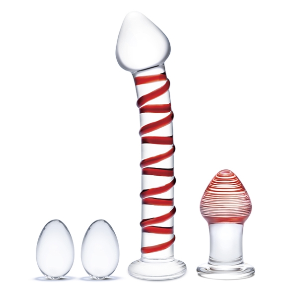 Zestaw szklanych zabawek erotycznych dildo korek analny kulki kegla - Glas Mr. Swirly 4 pc Set with Glass Kegel Balls & Butt Plug