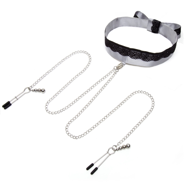 Obroża z zaciskami na sutki - Fifty Shades of Grey Play Nice Satin & Lace Collar & Nipple Clamps
