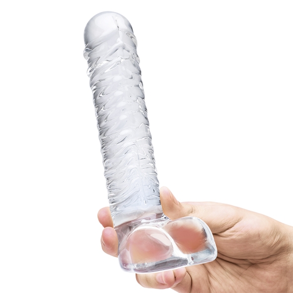 Szklane realistyczne dildo z jądrami - Glass Realistic Ribbed Glass G-Spot Dildo with Balls