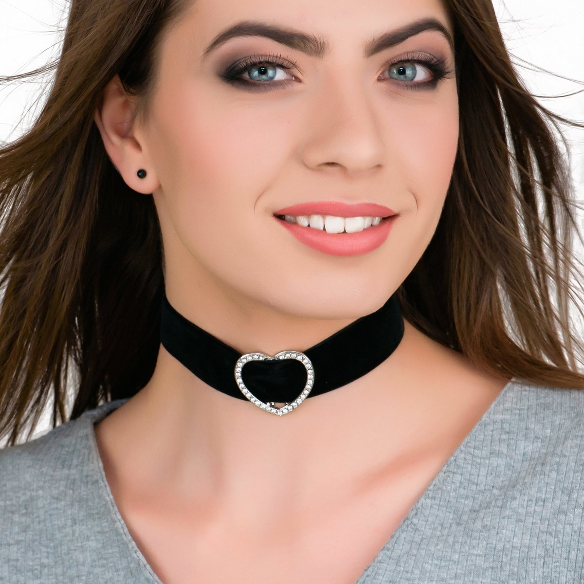 Image of CHOKER naszyjnik NA WSTĄŻCE czarny SERCE cyrkonie