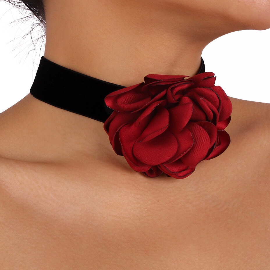 Image of Naszyjnik CHOKER ozdobny KWIAT na szyjęRÓŻA elegancki CZERWONY