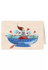 Karnet drewniany C6 + koperta Kobieta z dmuchawcem