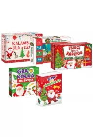 Zestaw gier świątecznych: Gra od Mikołaja, Loteryjka świąteczna, Gra w Kółka na Święta, Dzieci kontra Rodzice. Magia świąt, Kalambury dla dzieci. Gra świąteczna