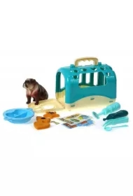 Piesek z klatką do przenoszenia z akcesoriami