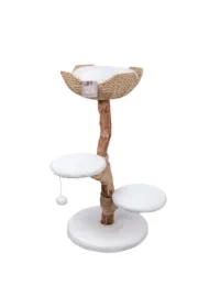 Drapak dla kota, beżowo- biały, 100cm, na drewnianej nodze, z koszem i dwoma siedziskami