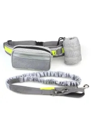 Pas biodrowy do biegania, z amortyzowaną smyczą, szary, L, pasek dł. 80-104cm, saszetka (18 x 5, 5 x 10cm), Smycz dł. 145-200 cm