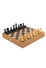 Czarny naturalny korkowy szachownica 40cm, w drewnianym pudełku z naturalnymi i ebonizowanymi figurkami szachowymi