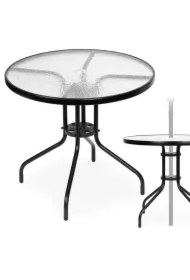 Stolik ogrodowy okrągły 80 cm na taras ogród balkon szkło hartowane otwór na parasol