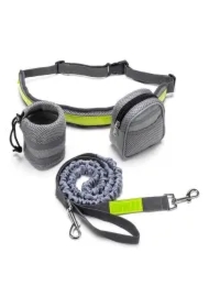 Pas biodrowy do biegania, z amortyzowaną smyczą, szary, M, pasek dł. 80-104cm, saszetka (10 x 5 x 13cm), Smycz dł.145-200 cm