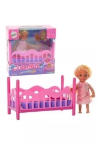 Zestaw mini laleczka w piżamie + łóżeczko różowe