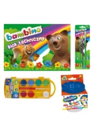 Pakiet Mały artysta. Blok techniczny A4 Bambino, Farby akwarelowe, Pędzelki, Kubek do płukania pędzli