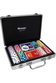 Zestaw 200 żetonów pokerowych (14g) z 2 taliami kart do gry i walizką