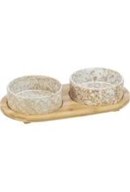 Zestaw misek, dla psa, ceramika/bambus, białe/jasnobrązowe, 2 x o 12 cm/30 x 6 x 15 cm