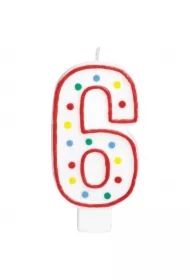 Świeczka urodzinowa cyferka 6 biała w kropki