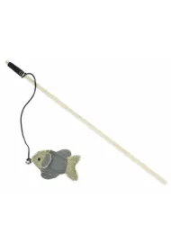 Drewniana wędka z rybką z mocnego materiału jasnoszara/kremowa 10 x 6,5cm /40cm