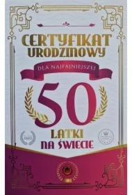 Karnet Certyfikat Urodzinowy 50 urodziny damskie