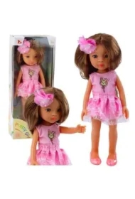 Lalka w różowej sukience długie brązowe włosy
